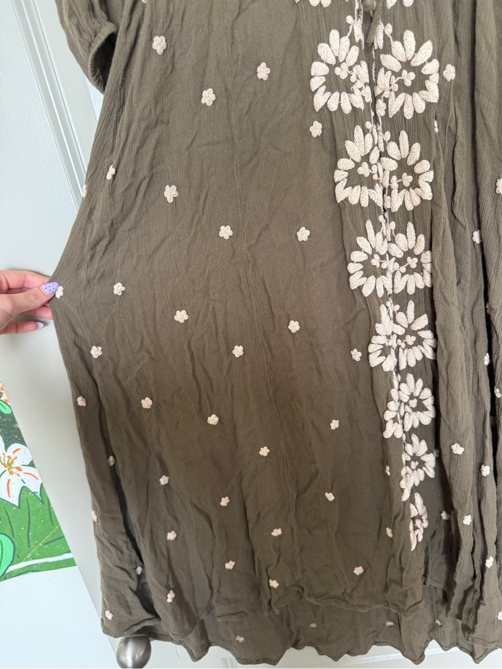 FREE PEOPLE Embroidered Fable Midi Dress Olive Green Floral Boho Sleeve Casual - Picture 5 of 8